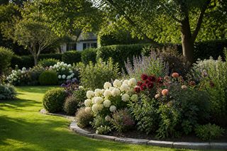 Blühender, gepflegter Garten mit Staudenbeet, Rasenfläche und altem Baumbestand
