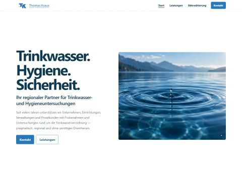 Desktopansicht der Kundenwebsite: Wasserbild, Leistungsübersicht und Nachweise für Thomas Kraus