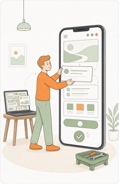 Illustration von Daniel, der Inhalte einer überladenen Desktop-Website für eine klare responsive Smartphone-Website neu anordnet