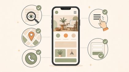 Illustration eines Smartphone-Checks mit gut lesbaren Inhalten, Navigation, Standort, Telefon und Kontaktformular