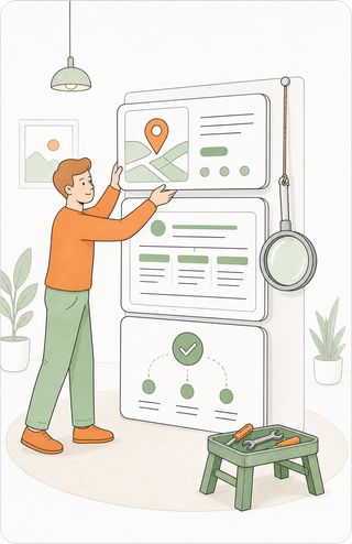 Webvolley-Illustration: Daniel ordnet Bausteine einer Website mit Standort-Pin, Prüfzeichen und Lupe